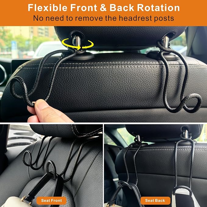 Car Headrest Hooks for Purse Bag, 2 Pack Car Seat Hooks - Black Leather/2L | Heavy-Duty Holds Up to 60lbs Metal Car Purse Holder for Grocery Handbag, Car Interior Accessories for Men Women