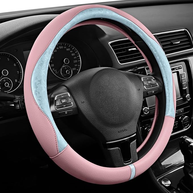 Steering Wheel Cover, Light Blue Patterned & Pink Leather Patchwork Design, Universal Fit 14.5"–15.5", Anti-Slip, Odor-Free, Soft Grain Leather, Durable Grip Car Accessory for Girls & Women