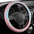 Steering Wheel Cover, Light Blue Patterned & Pink Leather Patchwork Design, Universal Fit 14.5"–15.5", Anti-Slip, Odor-Free, Soft Grain Leather, Durable Grip Car Accessory for Girls & Women