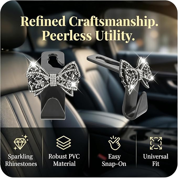 2PCS Bling Bow Car Seat Headrest Hooks, S Type Crystal Rhinestone Bowknot Auto Seat Back Storage Hooks, Diamond Cute Bow Vehicle Storage Organizer, Universal for Purses Bags Groceries(Black)