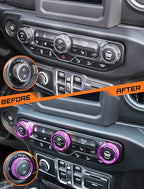 HVAC Climate Control Panel Knob Trim Kit & Light Control Switch Cover, Air Conditioner Knob Aluminum Alloy Ring for 2018-2024 Jeep Wrangler JL JLU & Gladiator JT, Interior Accessories,Purple