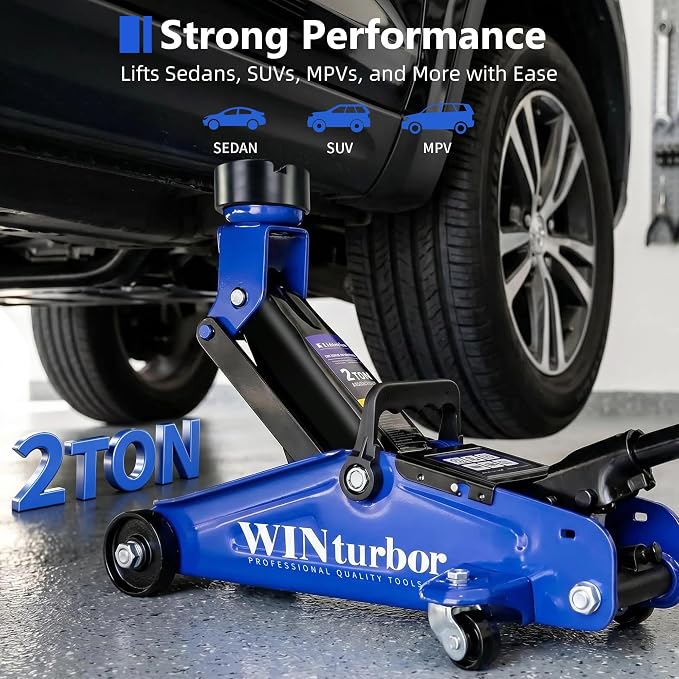 2 Ton Low Profile Floor Jack, 4000 lbs, with 2 Pads & Bag – Blue | Steel floor jack, 5.3"-13" lift. Overload valve. Smooth casters. For garage, workshop & auto.