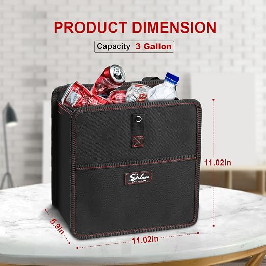 Car Trash Can with Storage Pockets, Multipurpose Car Garbage Bin with Adjustable Straps, Hanging for Headrest, Foldable and Portable Organizer, 3 Gallon, Black (Pack of 2)