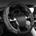Leather Steering Wheel Cover and Waterproof Car Floor Mats,Microfiber Universal Car Combo Fit for 95% Sedan,SUV,Cars,14.5-15inch Sporty Anti-Slip Safety Comfortable Design(Carbon Fiber Black)