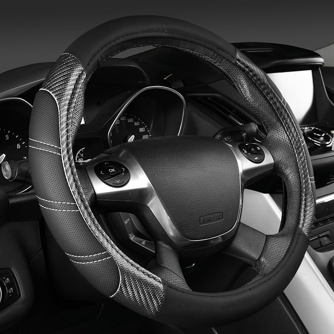 Leather Steering Wheel Cover and Waterproof Car Floor Mats,Microfiber Universal Car Combo Fit for 95% Sedan,SUV,Cars,14.5-15inch Sporty Anti-Slip Safety Comfortable Design(Carbon Fiber Black)