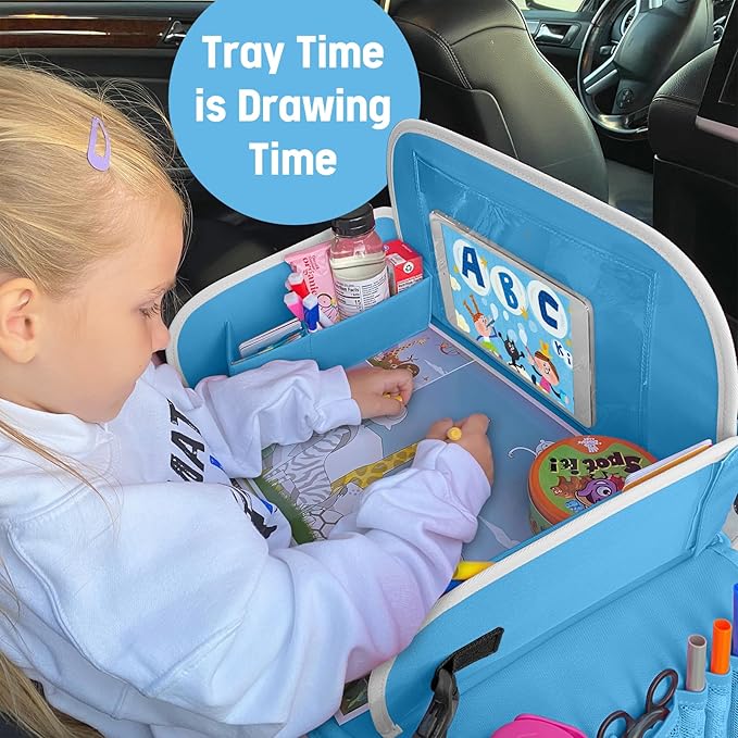 Kids Travel Tray for Boys or Girls, Travel Tray for Kids Car Seat with Tablet Holder, Dry Erase Board & Cooler Cup Holder, Road Trip Essentials Accessories for Car Trip, Airplane (2 Pack)
