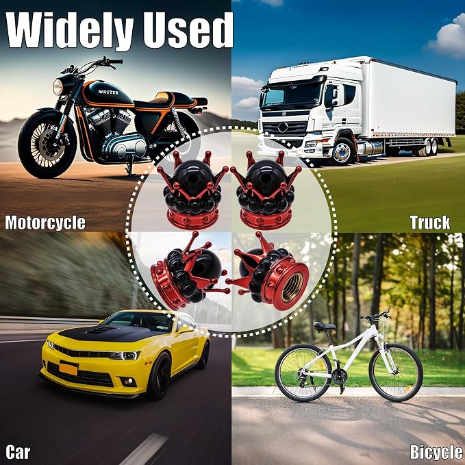 4PCS Crown Bling Tire Stem Valve Caps, Crystal Diamond Tire Air Cap Set Universal Copper Core Stem Covers for Cars, SUV, Trucks, Bikes, Motorcycles, Bicycles (Red & Black)