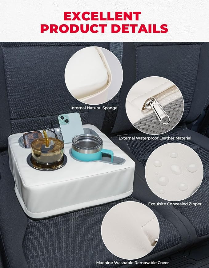 Back Seat Cup Holder for Car, Couch Cup Holder, Car Truck Boat Organizer, Couch Sofa Bed Expander Tray Holds Drinks, Snacks, Remote, Cell Mobile Phone (White)
