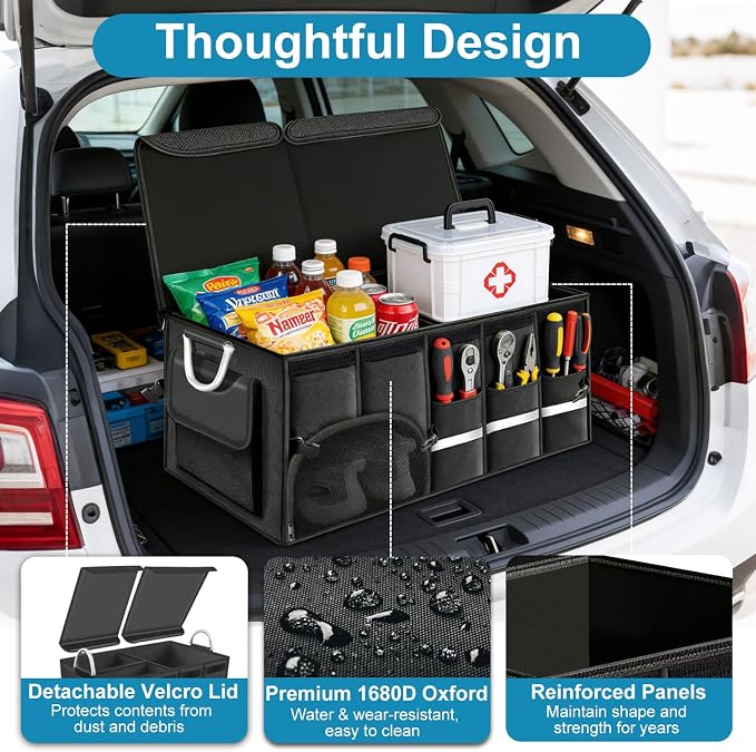 92L Large Collapsible Trunk SUV Organizer with Cover | 1680D Oxford Car Cargo Storage with Dividers, 4 Mesh Pockets, Reflective Strip, and Waterproof bag for Groceries and Wet Gear