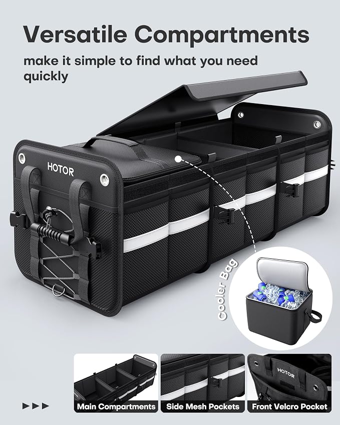 Trunk Organizer - 3-Compartment Car Organizer and Storage with Cooler Bag, Foldable Car Storage Organizer for SUV with Handles & Strap for Shopping, Picnic, 33.1" x 13.0" x 11.8", Black