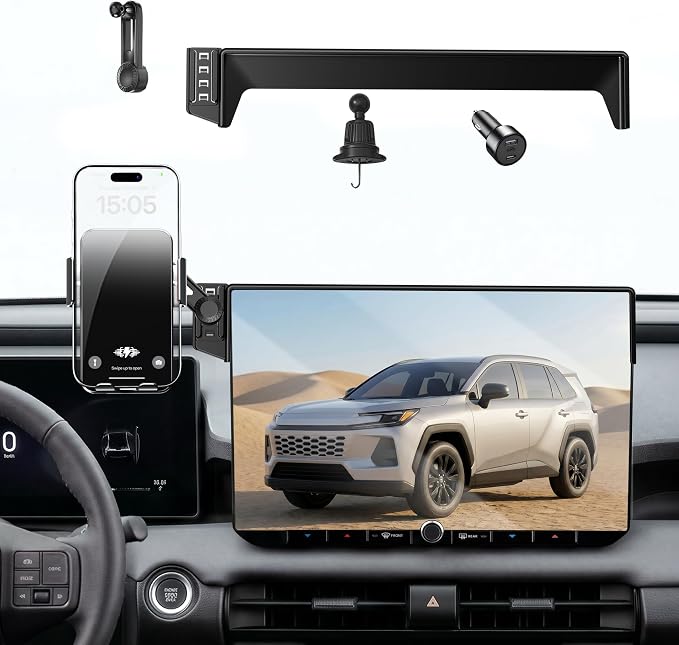 Car Phone Mount for 2026 Toyota RAV4, Smart Auto-Clamping for 12.9" Screen Only, 15W Wireless Fast Charging, Premium Aluminum Holder, Without Blocking Airflow