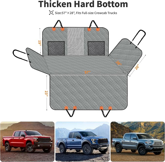 Dog Seat Cover Hard Bottom, 3-Section Design for Full-Size Trucks & SUVs, Waterproof & Nonslip Car Hammock for Large Dogs, Pet Truck Extender Cover, Spacious Space(+ 45%) Grey