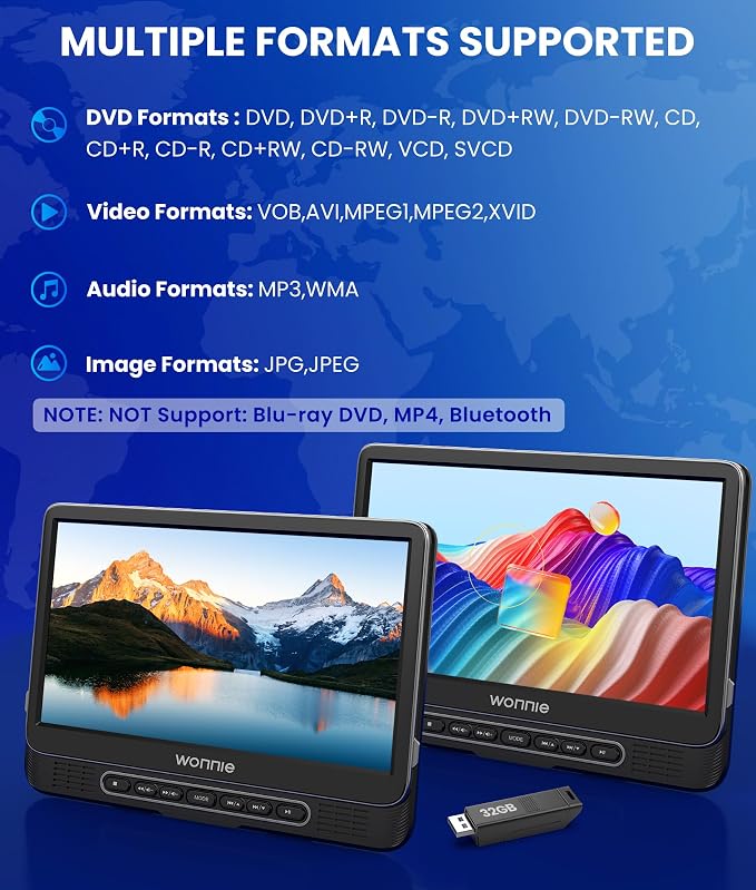 12" Dual Car DVD Players Portable DVD Players for Car Headrest Play a Same or Two Different Movies with 5-Hour Rechargeable Battery, Mounting Brackets, All Region, Support USB/Sync TV