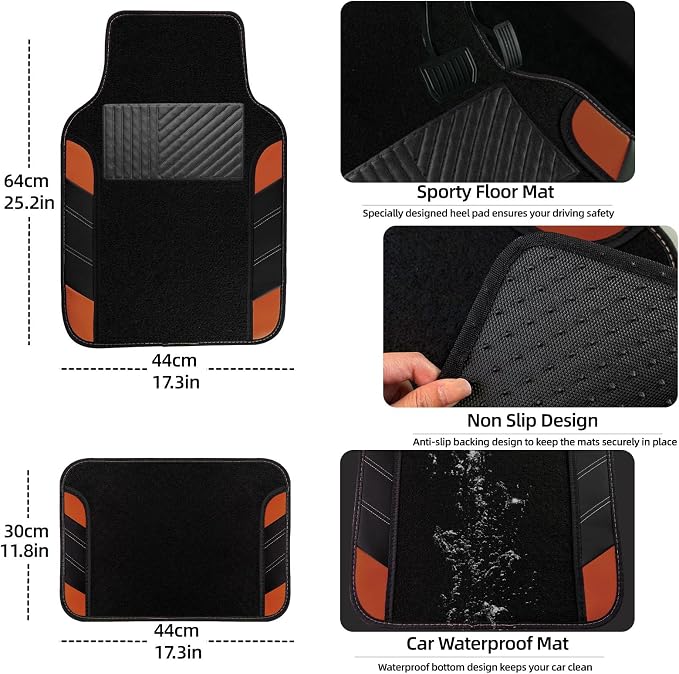 10 Pcs Car Floor Mats Full Set & Sport Leather Steering Wheel Cover 14.5-15 inch, Center Console Cover, Seat Belt Cushion, Cup Holder Coaster, Universal Automobile Interior Sets (Brown)