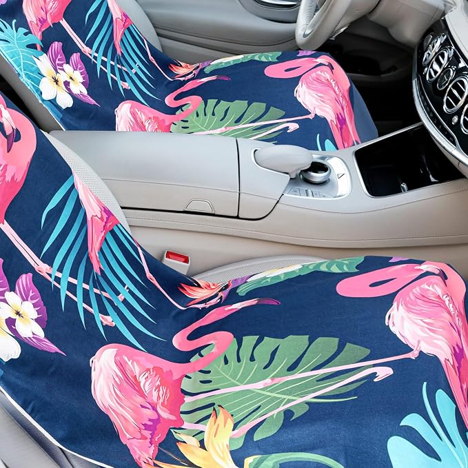 Car Seat Towel Covers with Storage Bag, 63 x 32 Inch Universal Non Slip Waterproof Sweat Protector for Car Truck, Gym Swimming Running, Machine Washable(2 Pack,Flamingos)