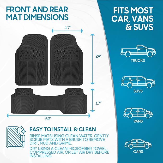 ProLiner Car Floor Mats for Cars Trucks SUV, 3-Piece All-Weather Heavy Duty Rubber Liners with Universal Trimmable Fit, Durable Waterproof Vehicle Auto Floor Mats with Capture Ridges Black