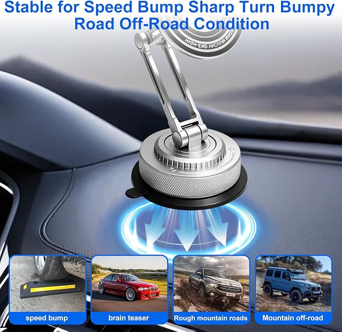 All-Metal Alloy Long Arm Magnetic Suction Cup Car Phone Mount(Silver) | Strong Powerful Magnetic Heavy-Duty Windshield Dash 360° Mechanical Rotation Cell Mobile Phone Vehicle Bracket for All Cars