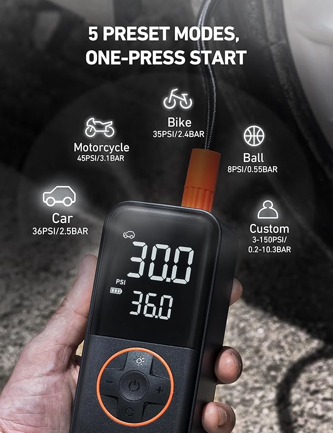 L4 Cordless Tire Inflator Portable Air Compressor, 150PSI Portable Air Pump for Car Tires, Battery Electric Tire Pump with Pressure Gauge, Ultra-Fast Inflation for Cars,Motorcycles,Bikes,Balls