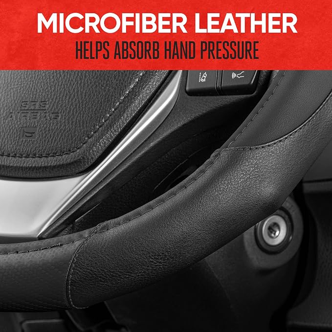 GripDrive Carbon Fiber Steering Wheel Cover, Non-Slip Sporty Racing Faux Leather Ergonomic Comfortable Handle, Steering Wheel Cover for Cars Trucks Vans SUV - Fits Standard 15 Inch - Black