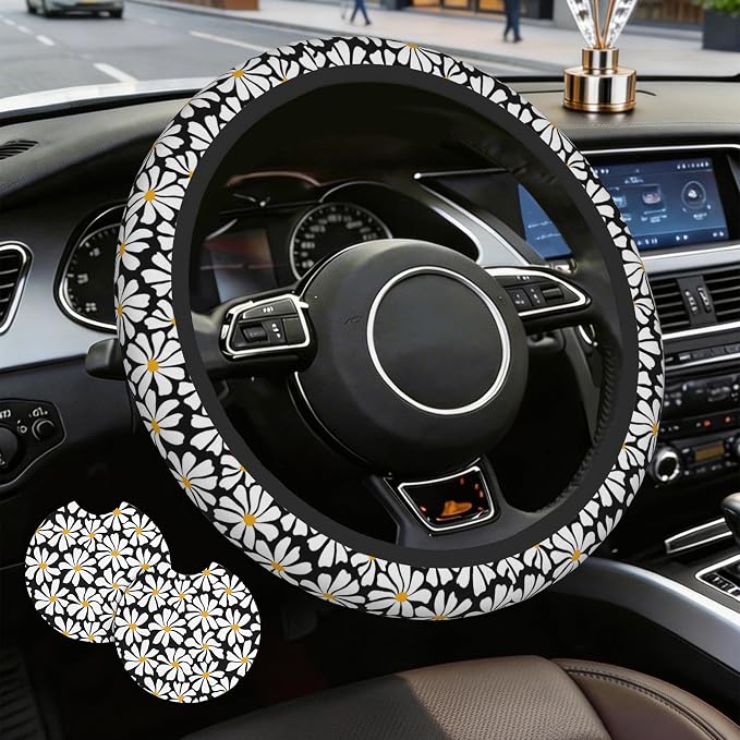 Daisy Steering Wheel Cover for Women Girly,White Daisy Flower 15 Inch Non-Slip Breathable Neoprene Steering Wheel Cover Fit Auto,SUVs,Includes 2 PCS Cup Coasters