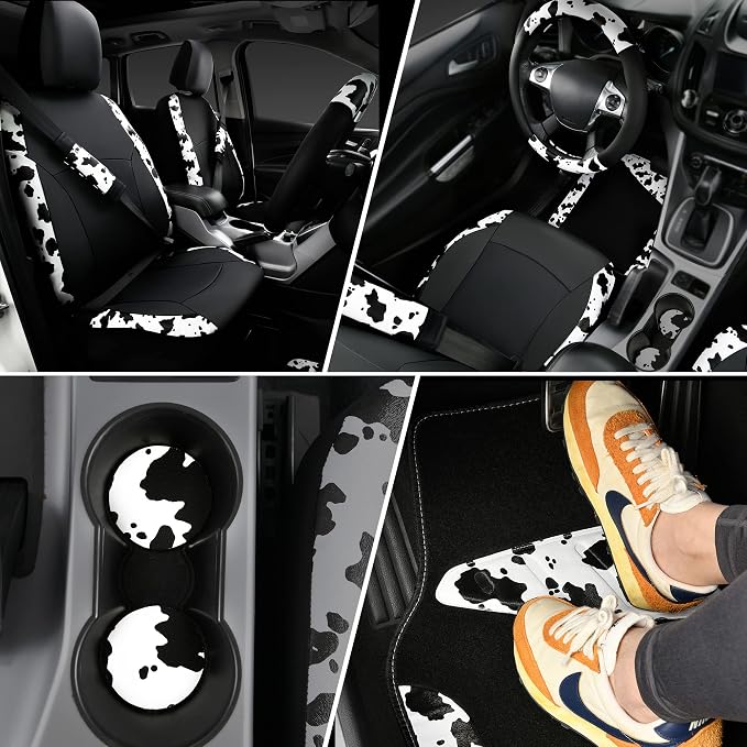 Cow Print Car Accessories Sets Faux Leather Car Seat Covers & Cow Car Mats & Cow Steering Wheel Cover Seat Belt Pads Universal fit for SUV,Van,Saden,Truck Cute Automobile Interior Sets Women