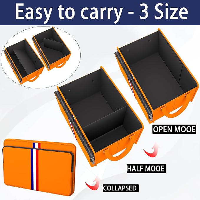 Trunk Organizer for Car, Waterproof Collapsible 3 Compartments Car Organizer, Foldable Storage for Car Accessories, Tools, Sundries for Women Men, Tote Bag (Orange, Standard)