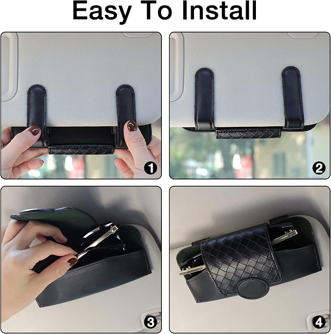 KINIVA Sunglasses Holder for Car Visor Leather Glasses Case with Clips for Car Visor Automotive Interior Visor Accessories Apply to All Car Models (10 Black)