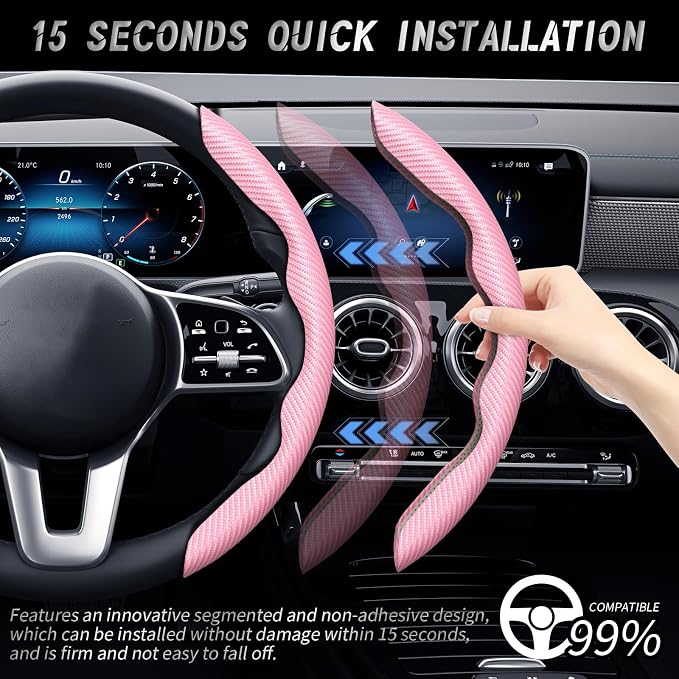2pcs Car Steering Wheel Cover,Anti-Skid Carbon Fiber Steering Wheel Protector for Men Women,Multiple Color Options,Universal for Most Car Interiors Accessories (Pink)