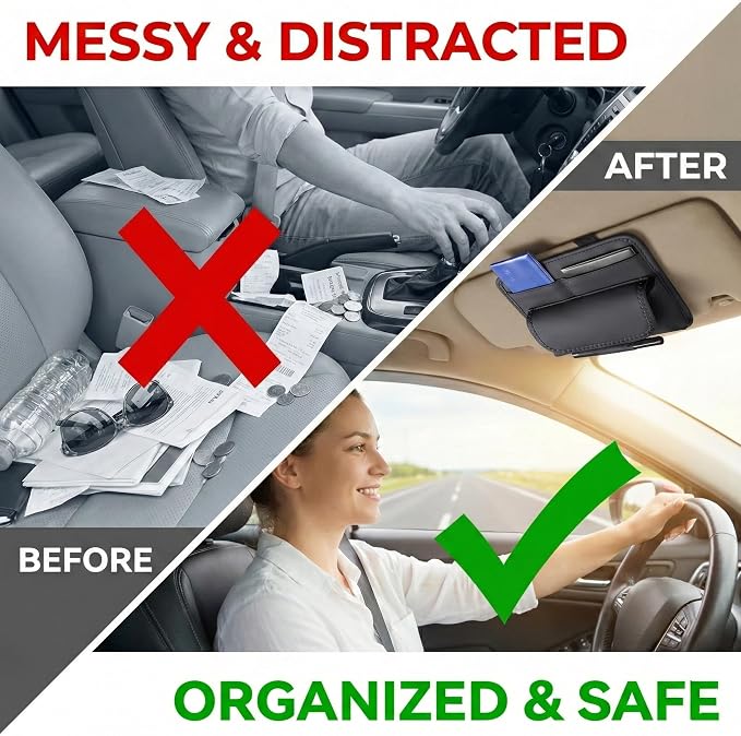 Car Visor Organizer – Sun Visor Storage Pouch Holder for Vehicle Truck SUV, PU Leather Auto Interior Accessories for Registration Document, Gas Card & Sunglasses, Universal Fit (Black)