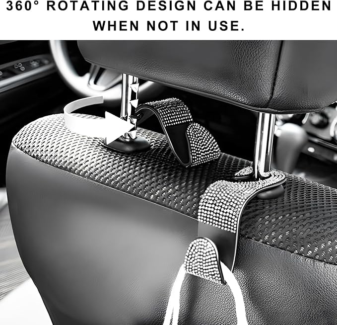4 PCS Car Seat Headrest Hooks, Bling Crystal Rhinestone Back Seat Hanger Storage Organizer, Sparkly Seatback Holder Hooks for Purse and Bags Universal For Most Vehicles (Silver)