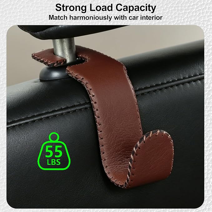Car Seat Headrest Hook, Universal Vehicle Storage Hanger, Leather with Metal Car Seat Back Organizer for Handbag, Purse, Coat, Ergonomic Design, Brown 2 Pack