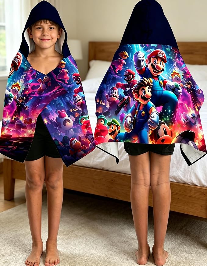 Mario Soft Cotton Terry Hooded Towel Wrap, Cartoon Character Hooded Poncho Towel for Bath Pool Beach, 28 in x 55 in