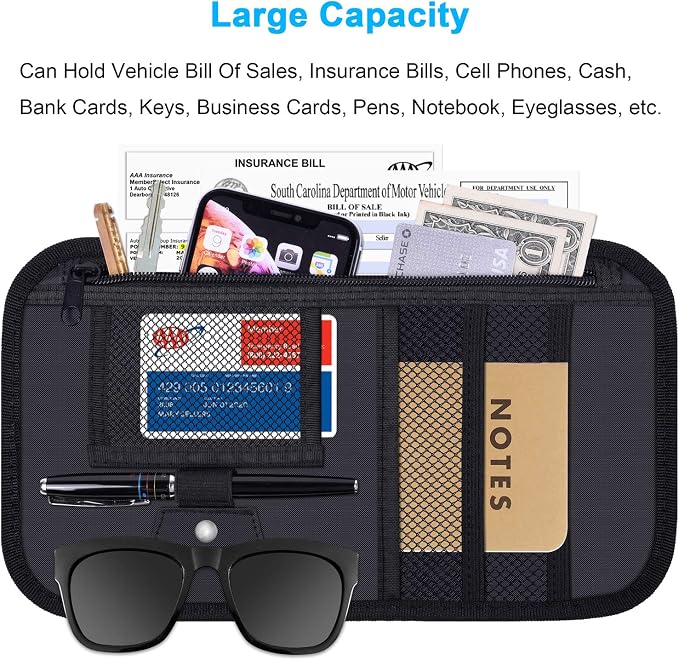 Car Sun Visor Organizer, Vehicle Interior Accessories Storage Pouch Auto Registration Holder with Elastic Strap for Sunglass, Documents, Cards, Pen, Drivers License, etc. (Black)