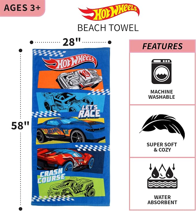 Kids Super Soft Cotton Bath/Pool/Beach Towel, 58 In x 28 In, Hot Wheels