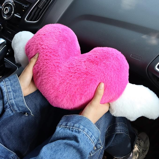 2 Pack Heart Shaped Cute Car Headrest Pillow with Angel Wings - Comfortable Soft Head Rest Cushion Kawaii Car Accessories Neck Pillow for Driving Travelling Office Home Decor - Rose Red Love Heart