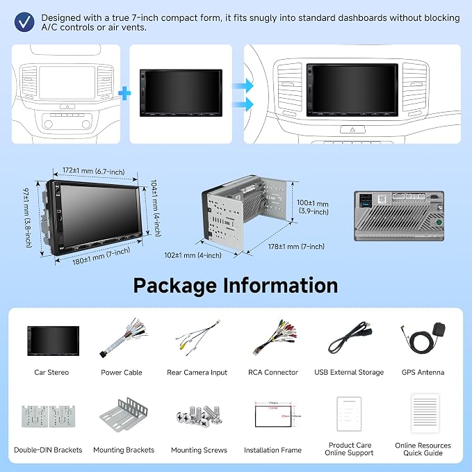 A5L 7inch Android Double DIN Car Stereo, Wireless CarPlay&Android Auto, Wi-Fi/USB/BT Tethering, QLED Touch Screen Car CarPlay, DSP, MirrorLink, FM&SS Radio, HD LRV, HDMI Out, AI&GPS Tracking