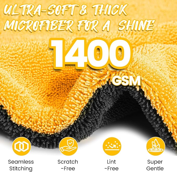 PUGPIU 1400GSM Large Microfiber Car Drying Towel Detailing 24"x36" | XL Super Absorbent Microfiber Towels - Edgeless with Twisted Loop - No Lint Streak for SUV Truck Car Detailing (Yellow)