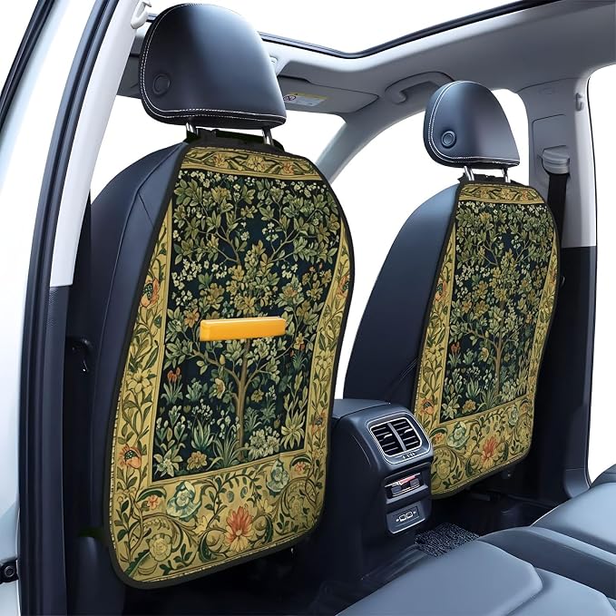 William Morris Greenery Forest Tree Floral Animals Blue Green Car Seat Back Kick Protectors Kick Mats With Storage Pockets For Vehicles To Protect From Dirt Mud Scratches 2 Pack
