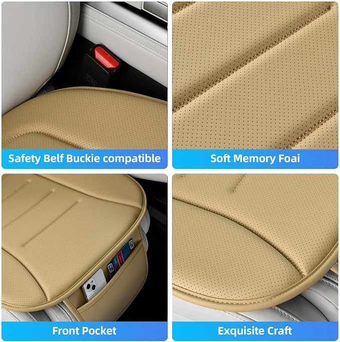 Car Seat Cushion, Comfort Memory Foam Car Cushions for Driving, Breathable Leather Surface with Anti Slip Rubber Bottom, Seat Cushion for Car and Office Chair (1 Pack, Beige)