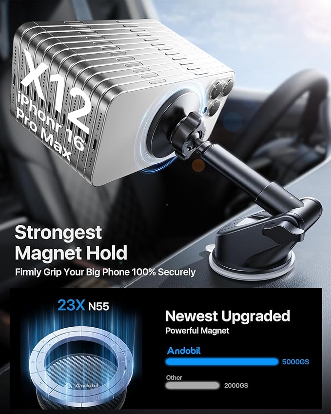 【Military-Grade】 3 in1 Magnetic Phone Holder for Car Dashboard Windshield Vent 【Upgrade Suction & Strongest Magnet】Retractable for MagSafe Car Mount Mats for iPhone 17 16 15 14 Pro Max Sumsung
