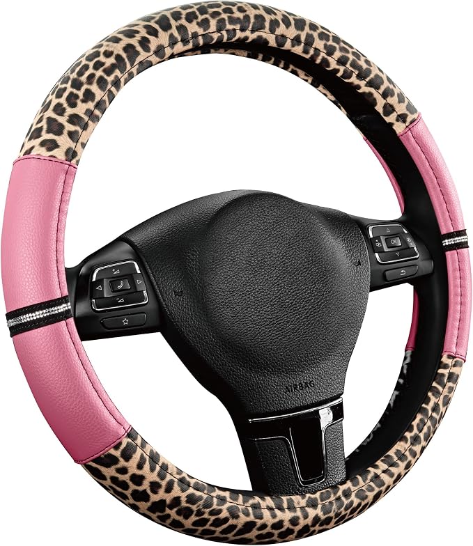 Leopard Steering Wheel Cover for Women, Cute Anti-Slip Microfiber Leather, Universal Fit 14.5-15 Inch Round Steering Wheel - Pink