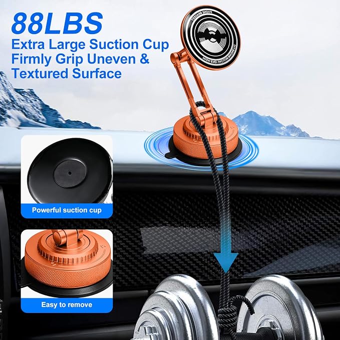 All-Metal Alloy Long Arm Magnetic Suction Cup Car Phone Mount(Orange) | Strong Powerful Magnetic Heavy-Duty Windshield Dash 360° Mechanical Rotation Cell Mobile Phone Vehicle Bracket for All Cars