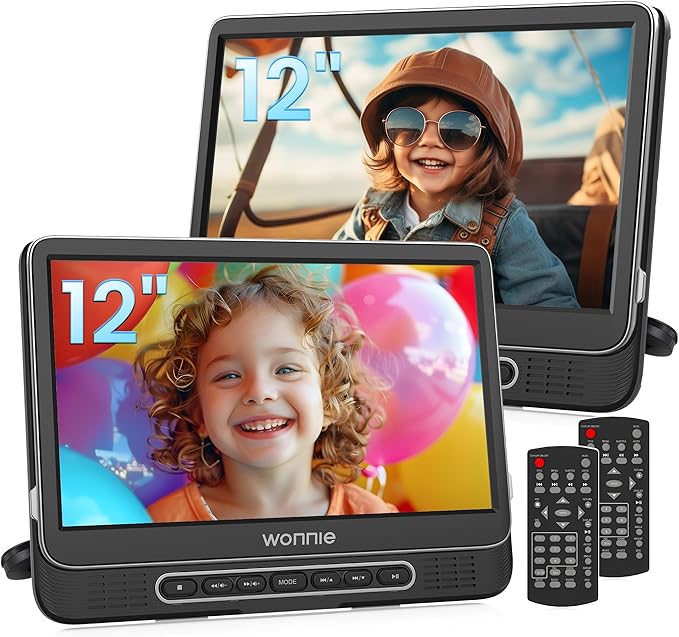 12" Dual Car DVD Players Portable DVD Players for Car Headrest Play a Same or Two Different Movies with 5-Hour Rechargeable Battery, Mounting Brackets, All Region, Support USB/Sync TV