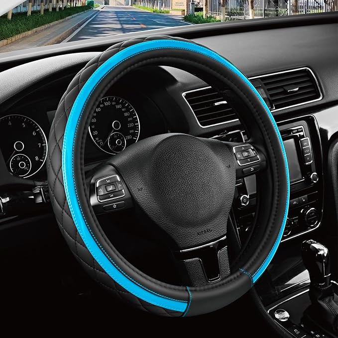 Leather Steering Wheel Cover – Black & Blue, Universal Fit 14.5-15 Inch, Microfiber Leather, Anti-Slip & Breathable Design for Men and Women
