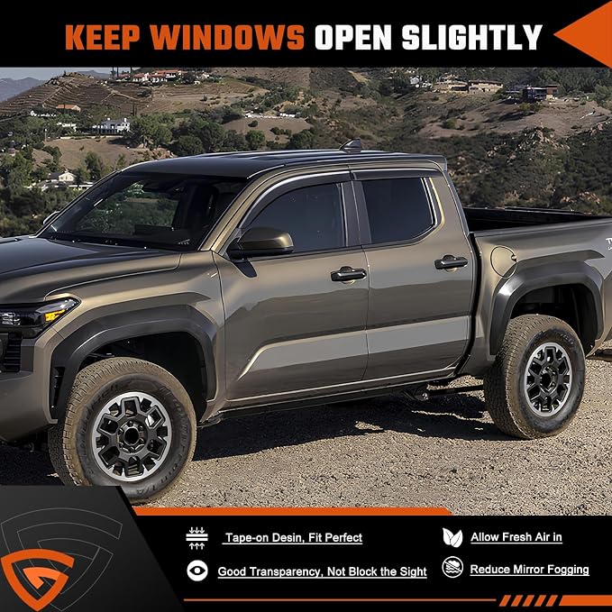 Rain Guards Compatible with Toyota Tacoma 2024-2026, Tape-on Durable Side Windows Wind Deflectors Rain Visor 2024 2025 2026 Tacoma out Channel Window Rain Guard Black 4 PCS