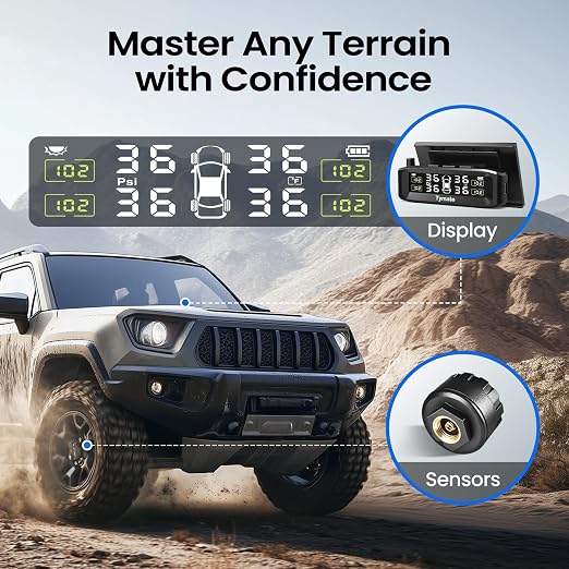 TM8 Tire Pressure Monitoring System, Wireless Solar TPMS with 4 External Sensors & 6 Alarm Modes, Colorful Display, Easy to Intall on Windshield, Ideal for RV Sedan SUV MPV Truck (0-87 PSI)