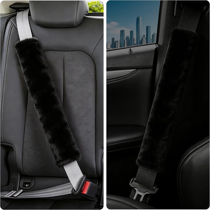 Soft Faux Fur Universal Fit Seatbelt Cover Car Truck SUV Airplane Seat Belt Shoulder Pad for Carmera Backpack Straps Neck Cushion Protector Extra Long 19.7in Black