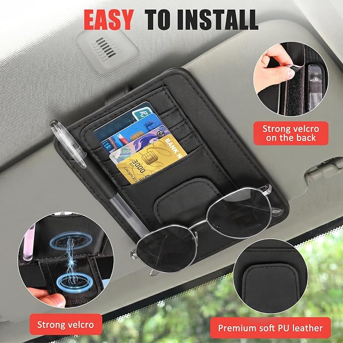 Sunglass Holder for Car Visor, Multi-Pocket Leather Car Sun Visor Organizer with Ticket Pens Card Clip, Sunglasses Holders,Suitable Eyeglasses,Car Accessories Keep Tidy (Black)