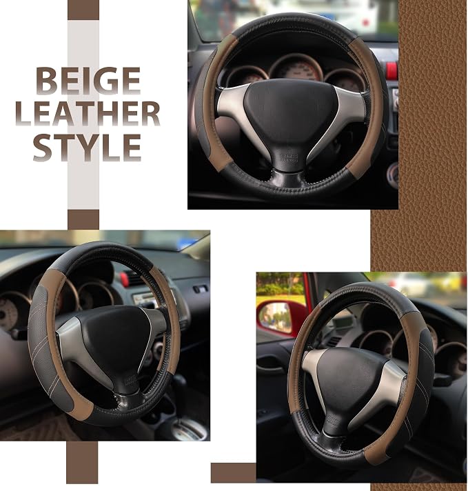 Leather Steering Wheel Cover 14 1/2 to 15 inch Universal Padded Soft Grip Breathable for Car Truck SUV Jeep Anti Slip Brown