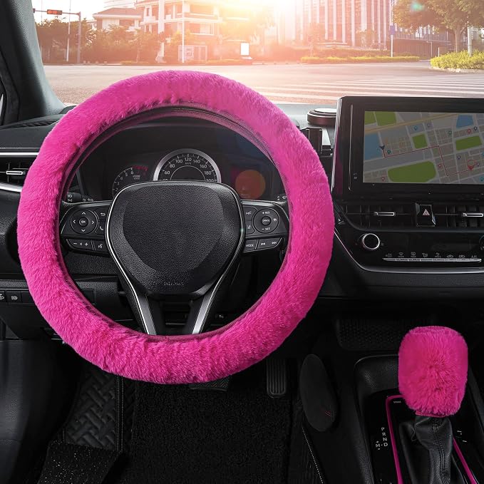 Furry Car Steering Wheel Cover with Gear Shift Cover, Soft and Warm, Cute Fluffy Auto Decor for Women Men, Standard Size, 2 PCS Set, Magenta